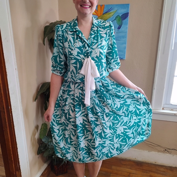 Vintage 80's Teal Hawaiian Print Dress Breli Original SZ Small - Large Range - Picture 3 of 15